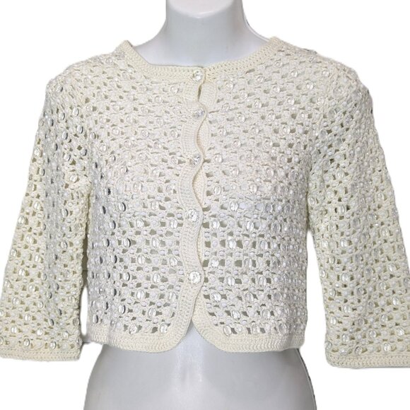 Crochet Cardigan Sweater Shrug Beaded Ivory Party Size XS Cropped Cynthia Steffe - Picture 1 of 16